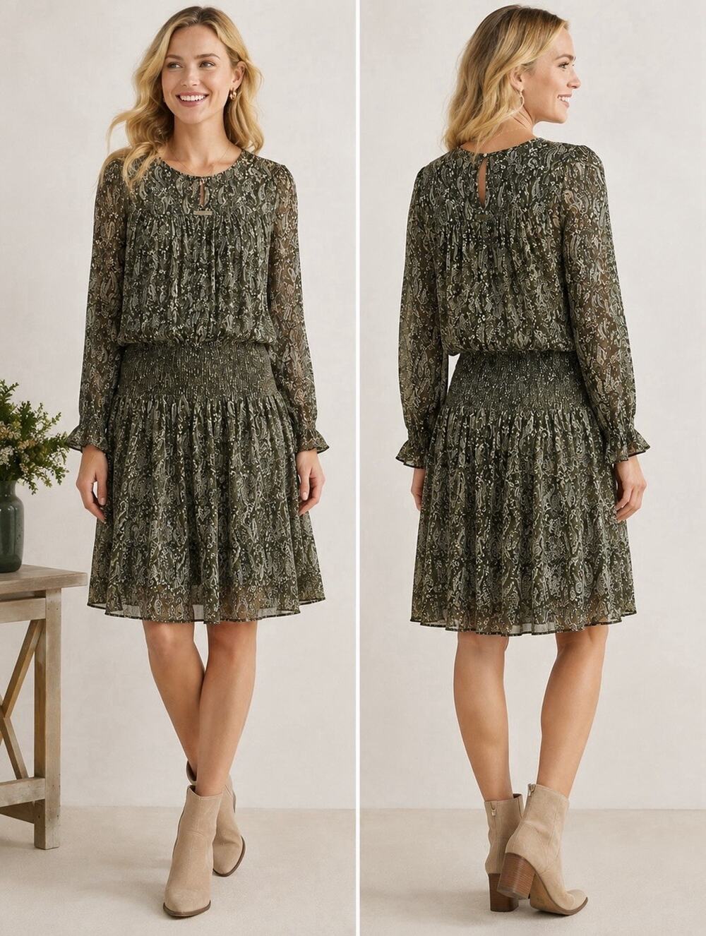 Shoshanna Alina Drop Waist Dress 6 100% Silk Smocked Sheer Sleeve Ruffle Olive